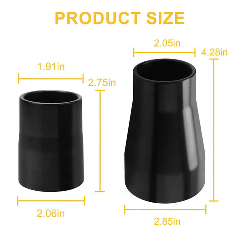 Table Saw Vacuum Adapter And Miter Saw Vacuum Adapter Kit For Dust Collection From Two And A Half Inch Table Saw Outlet To One And Seven Eighths Inch Shop Vac Hose And From One And Three Fifths Inch Miter Saw Outlet To One And Seven Eighths Inch Dust shown with dimensions
