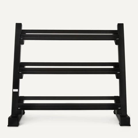 Heavy Duty Three Tier Adjustable Dumbbell Rack Solid Steel Weight Storage Stand viewed from front, showcasing sturdy construction and adjustable tiers.