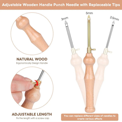 Adjustable wooden handle punch needle with replaceable tips, part of the All In One Punch Needle Kit With Wooden Handle Embroidery Tools Hoops Cloth Scissors Threaders And More Ideal For Beginners To DIY Crafts Home Decor And Gifts In Pink.