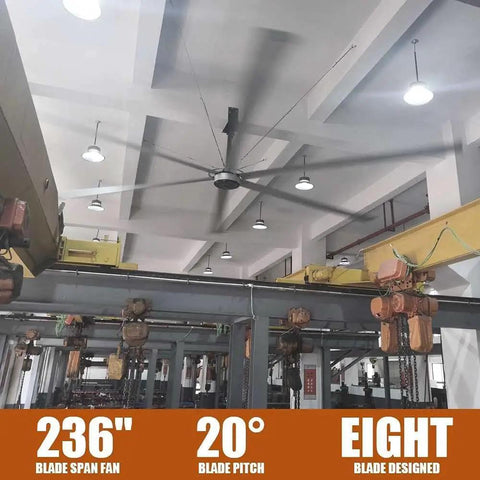 Heavy Duty Industrial Ceiling Fan 236 Inch HVLS Large Diameter Air Circulator with Eight Rugged Aluminum Blades in a warehouse setting.