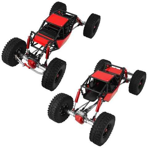 Beefy 330mm Wheelbase Rock Crawler Frame Chassis with SCX10 Axles Nylon Roll Cage Independent Shocks Steel Gears, top view red.
