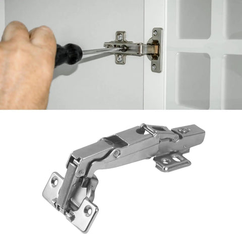 No Squeak Soft Close Hydraulic Cabinet Hinge being installed in a frameless cupboard, highlighting wear-resistant metal and foldable design.