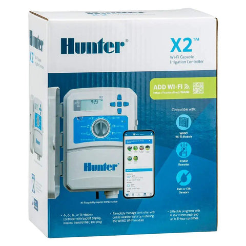 Box packaging of X2 4 Zone Sprinkler Controller for Lawn and Garden with Weather Based Scheduling and Cycle and Soak, Smart Irrigation Timer Ready for WiFi Upgrade, Outdoor Smart Controller