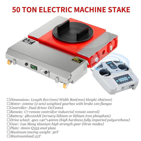 Heavy Duty Electric Remote Control Machinery Dolly Moves 50 Ton Loads Like A Boss For Warehouse And Shop Floor With Wireless C7 Controller Built Tough showing the machinery dolly and remote.