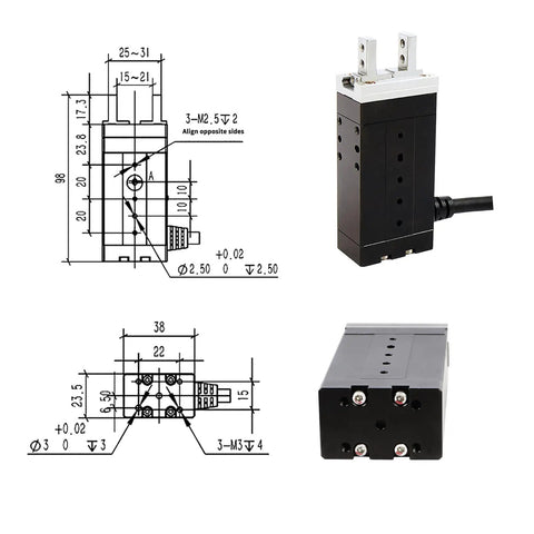 Smart Parallel Electric Gripper For Industrial Robots With No Hassle Plug And Play Setup, shown with technical dimensions and views
