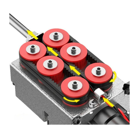 Close-up of Heavy Duty Cordless Wire Puller And Threader Machine With Portable Lithium Battery showing red rollers and cable.