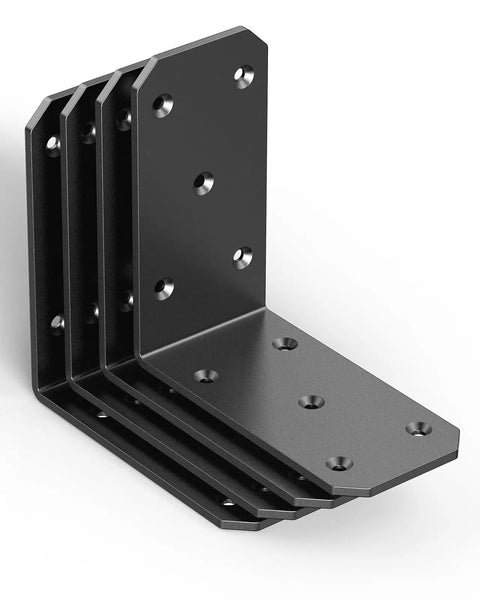 Rock Solid Heavy Duty L Brackets 5X5X2.5 Inch Thick Steel Corner Supports Built Tough For 300 Lb Loads With Zero Sag Promise Quick Weekend Warrior Install 4 Pack displayed in a stack.
