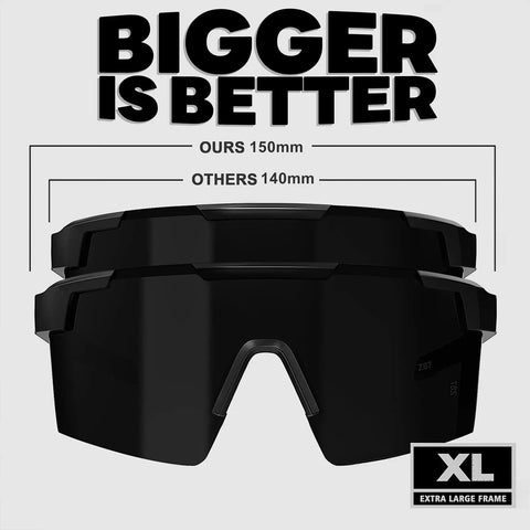 Front view of Sick Fit Sunglasses For Big Wide Heads Built With Bulky Tr90 Frames and Pitch Black Tints, extra large size.