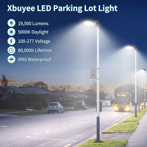 Two Pack 150W LED Parking Lot Light With Dust To Dawn Photocell Outdoor Dimmable Shoebox Lights illuminating street at night