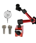 Dial Indicator Magnetic Holder And Bore Gauge Stand With Magnetic Base For Micrometers, Hour Type Indicators, Pro Grade Measuring Tools For Machinists, Gearheads, And Hobbyists. Red magnetic base with dial indicator and holder.