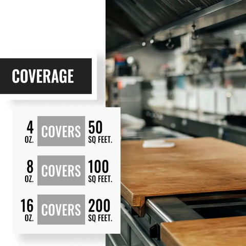 Coverage chart for Natural Stone Sealer Protector For Concrete Granite Marble Slate Soapstone Countertops 8 Oz, Long Lasting Low Gloss Finish, All Natural Formula For Porous Surfaces Keeps Stones Looking Fresh in a kitchen.