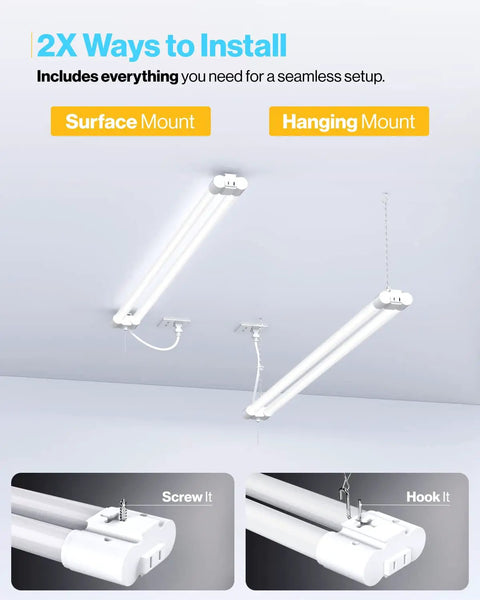 Beast Mode 4 Foot Led Shop Light Plug In Linkable Work Lamp showing surface and hanging mounting options for easy installation.