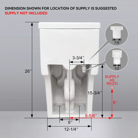 Compact One Piece Elongated Toilet With Dual Flush System And ADA Chair Height with dimensions and supply information.