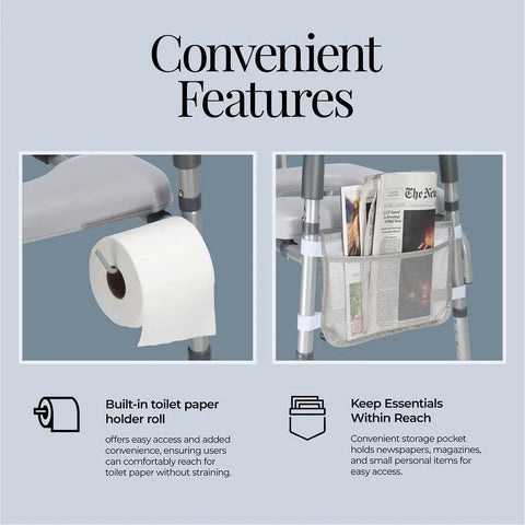 Adjustable Heavy Duty Toilet Seat Riser With Armrests For Seniors Holds Up To 400 Pounds features toilet paper holder and storage pocket.