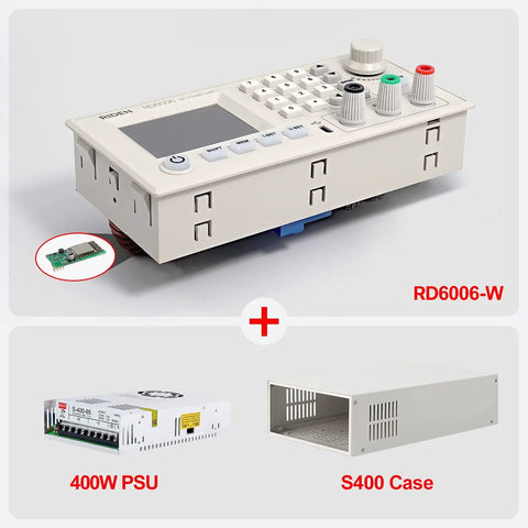 6006 60V 6A DC DC Step Down Power Supply Kit with D6006 case, 400W PSU, and S400 case unassembled, front view