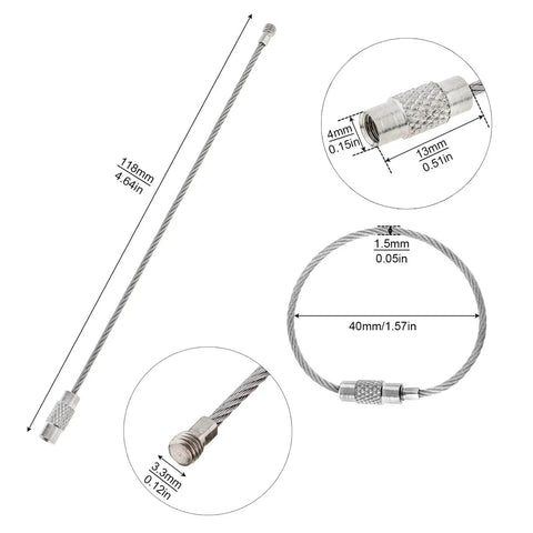 Diagram of Stainless Steel Wire Key Ring Cables 25 Pack, 4.6 Inch Loops, showing dimensions and braided texture details.