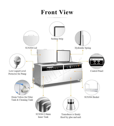 Front view of Hella Powerful Sixty One Liter Industrial Ultrasonic Cleaner Tank showing controls, SUS304 lid, and dual tanks.