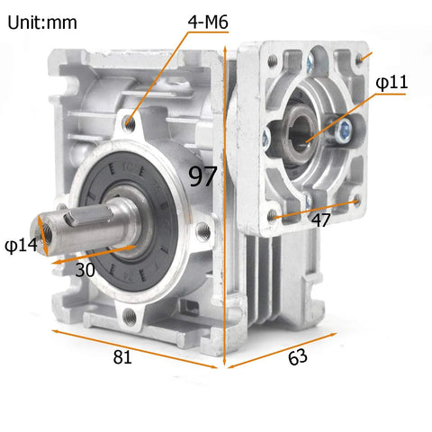 worm gearbox speed reducer NMRV-030 showing input and output bore dimensions in argentate finish