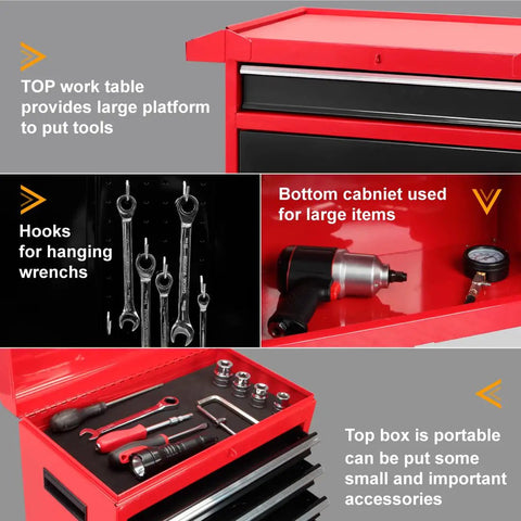 Five Drawer Rolling Tool Chest With Lockable Cabinet On Heavy Duty Wheels showing organized tool storage features