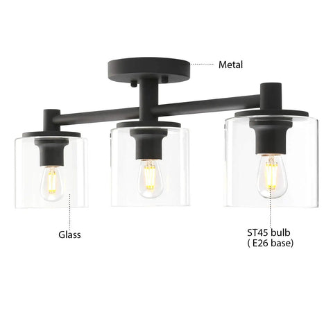 3 Light Semi Flush Mount Ceiling Light With Glass Shade For Hallway Loft Kitchen And Bar, Industrial Pendant Fixture