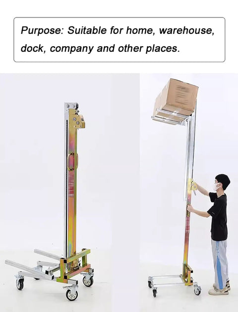 Heavy Duty Manual Pallet Stacker With No Sweat Hand Crank Lever, 80Kg Capacity Foldable Galvanized Steel Forklift For Warehouse Garage Jobs, 210Cm Lift Height with a box lifted.