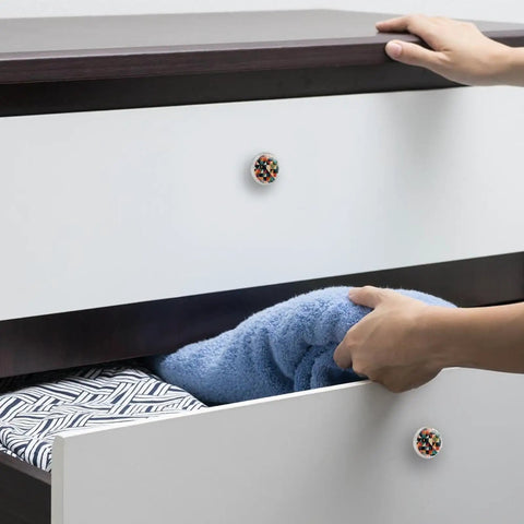 Drawer with 4 Pack Modern Geometric Drawer Knobs with White Base and Crystal Glass Finish 35mm Diameter, hands holding towel
