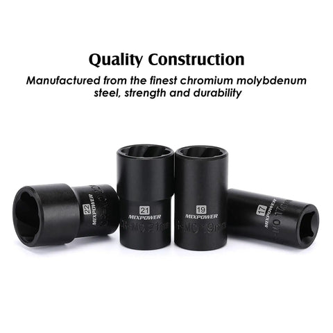 Super Tough Chrome Moly Lug Nut Remover And Bolt Extractor Set showing 17 19 21 22 mm sockets with black phosphate finish