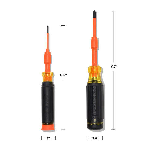 Two sizes of Insulated 10 In 2 Multi Bit Screwdriver Set With Auto Locking Collar 1000V Rated In Handle Bit Storage, black and orange.