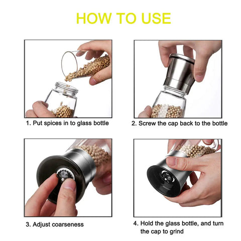 Manual Salt And Pepper Grinder For Pro Chefs With Adjustable Coarseness Ceramic Blades Stainless Cap Refillable Glass Body 6 Oz Keeps Spices Fresh And Flavorful For Everyday Home Cooking