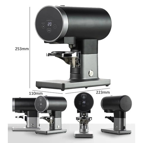 Precision Auto Espresso Tamper 58mm Electric Tamping Station with Smart Pressure Control, showing dimensions and sleek design.