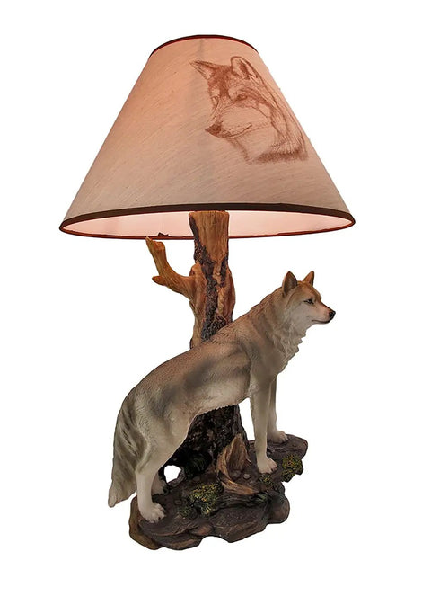 Gray Wolf Table Lamp With Rock Base And Tree Detail, 20 Inch Tall Resin Accent Lighting, Shade Diameter 12.5 Inches