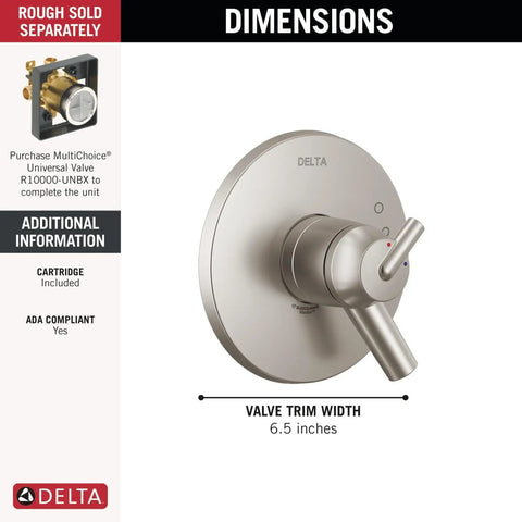 Slick Stainless Shower Handle Trim Kit Featuring Dual Function Controls And Reliable Pressure Balanced Design For Smooth Temperature Flow, 6.5 inches wide.