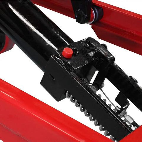 Close-up of Heavy Duty Hydraulic Lifting Table showing black hydraulic cylinder and red accents for reliable performance.