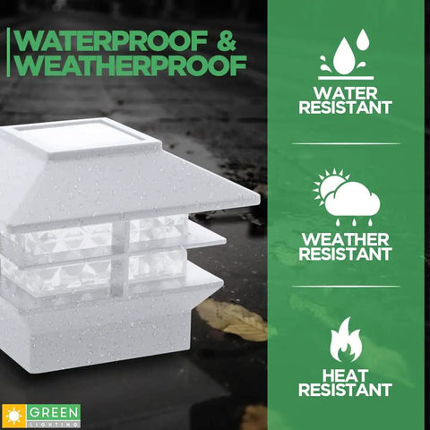 Executive Two Tier 12 Lumen Solar Post Cap Lights showing waterproof and weatherproof features on a wet surface.