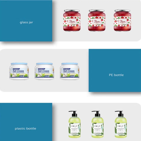 Smooth Operator High Speed Automatic Round Bottle Labeling Machine With Desktop Conveyor Belt Straight Up No Sweat Setup For Cosmetics Drinks And Wine Quick Adjustable Labeling Fits Every Bottle Type 110V displayed with glass jars, PE bottles, and plastic bottles.