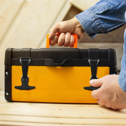 Stainless Steel Rubber Hood Catch 2 Pack With Flexible T Handle Hasp Latches securing yellow toolbox lid.