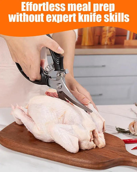 Super Tough Kitchen Shears That Make Light Work Of Cutting Whole Chickens Turkeys And Fish Bones Thanks To The Handy Spring Loaded Design Which Cuts Down Hand Fatigue Stainless Steel Scissors Built For Serious Kitchen Duty And Everyday Use in use to cut a whole chicken on a wooden board.