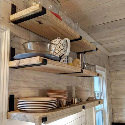 12 Inch Shelf Brackets 4 Pack Heavy Duty Frosted Black With Lip For Floating Shelves in use on wooden kitchen shelves