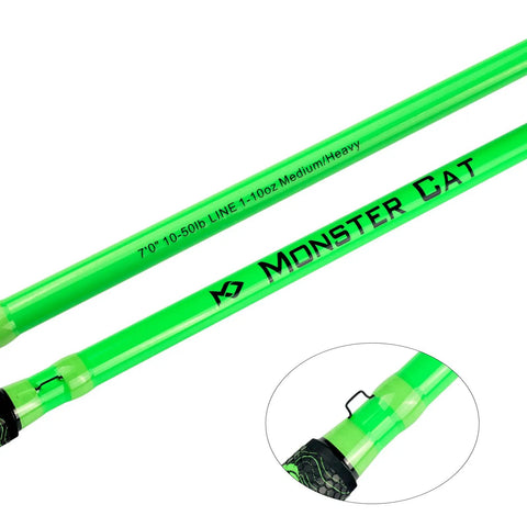 Close-up of Beast Catfish Rod, 7 Ft, Medium Heavy, One Piece, Glow in the Dark Night Fishing Ready, green pole with markings