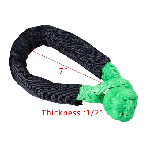 Close-up of green soft shackle with protective sleeve, 7-inch length, 1/2-inch thickness, part of Four Pack Heavy Duty Green Synthetic Soft Shackle Ropes.