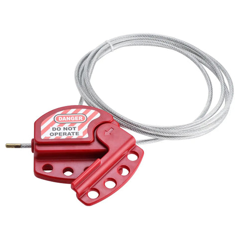 Lockout Tagout Cable Lock Kit with adjustable 6.5 ft steel cable, red vinyl coating, warning label, fits four padlocks, six pack