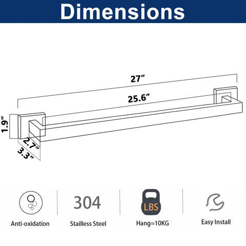 Dimensions of Premium Thick SUS 304 Stainless Steel Square Towel Rack For Bathroom Wall Mounted Towel Bar Rustproof 27 Inch Brushed Nickel