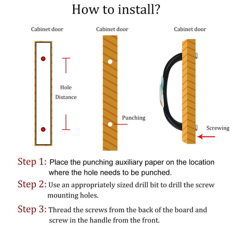 Instruction diagram for installing Four Pack Black Arch Cabinet Handles With Slick Marble Finish And Crystal Glass For Kitchen Drawers Bathroom Vanities And Furniture 5.6 Inch Pulls.