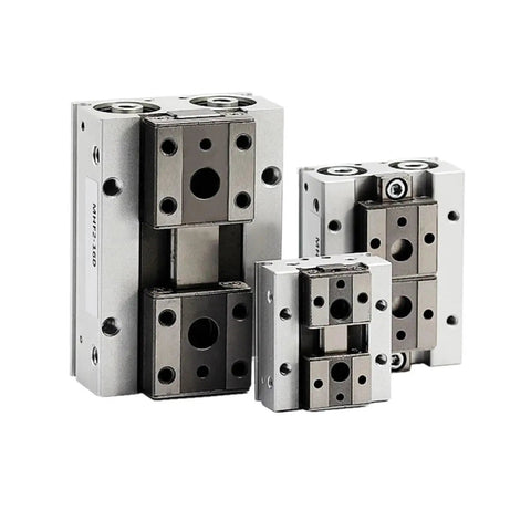 Heavy Duty Low Profile Air Cylinder And Parallel Gripper Compatible With Mhf Series Systems Smooth Rail Slide Action with three sizes.