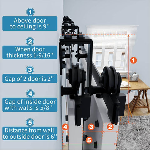 Double Track Bypass Barn Door Hardware Kit For Low Ceiling Spaces 8 Foot Sliding Barn Door System side view installation