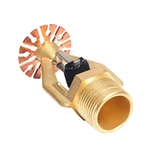 Real Deal Pendent Fire Sprinkler Head Featuring Fast Response Copper Build With One Inch Male Thread For Quick Hookup To Heavy Duty Auto Spray Protection Gear, close-up view showing copper construction.