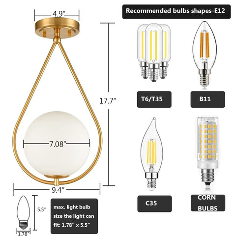 Industrial Mid Century Modern Brass Semi Flush Mount Ceiling Light With Opal Milk Glass Globe Fixture dimensions and bulb types