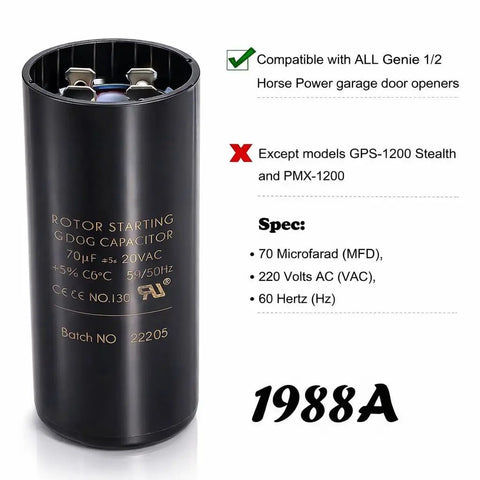Garage Door Opener Starting Capacitor Replacement 70 MFD 220V 60Hz For 1/2 HP Openers, Compatible With 19988 And X19988A