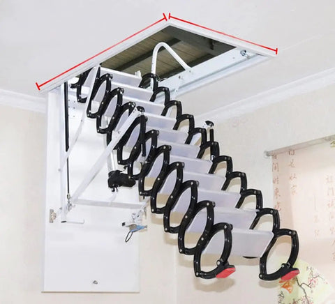 Slick Remote Control Electric Attic Stairs Telescopic Loft Ladder with black non-slip steps in ceiling mount.