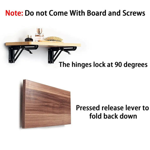 Heavy Duty Folding Shelf Bracket Set Black Metal Triangular Hinge Supports For Wall Mounted Shelves And Benches 8 Inch 2 Pack